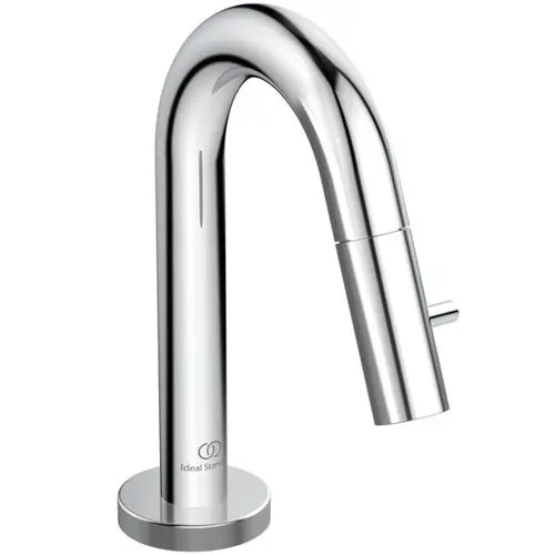 Standventil aus Chrom von Ideal Standard mit geschwungenem Design und seitlichem Hebel zur Wassersteuerung, montiert auf einem runden Sockel.